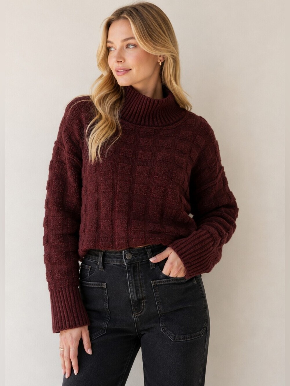Free People Soul Searcher Mock Neck Sweater Wine NWOT Women's Medium